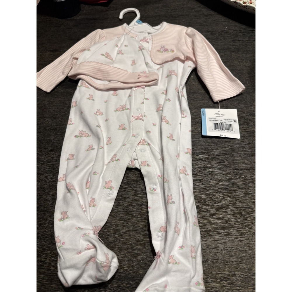 Little Me Baby Girls 2Pc. 6 months Footed Bunnie Sleeper‎ & Hat Set White/Pink